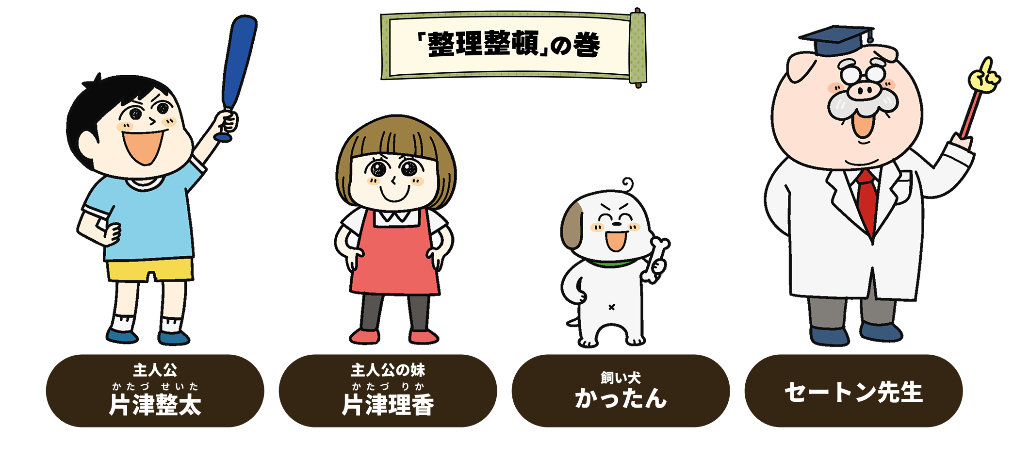 
            「整理整頓」の巻
              主人公・片津整太(かたづせいた)
              主人公の妹・片津理香(かたづりか)
              飼い犬・かったん
              セートン先生
              